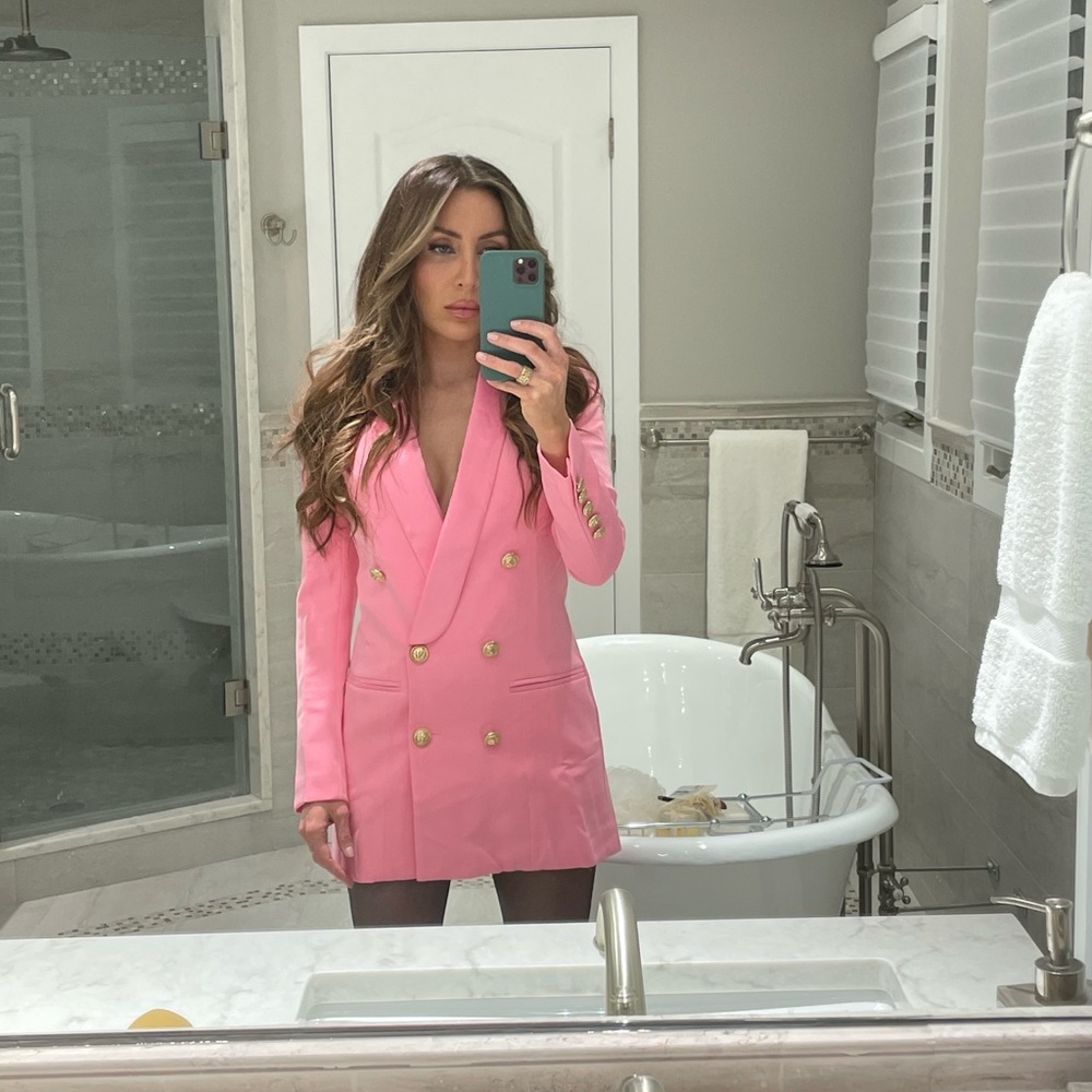 Pink V-Neck Blazer Dress with Gold Buttoned Notched Collar